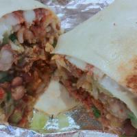 Burrito · Favorite. Your choice of meat or veggies wrapped in a flour tortilla filled with pinto beans...