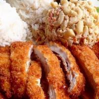 Katsu Chicken · Panko-Crusted Chicken Cutlets Fried & Served with House Katsu Sauce. Served with Rice and Ch...