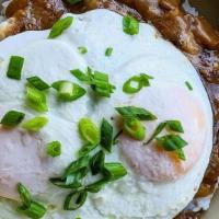 Loco Moco · Rice, Hamburger Patty, 2 Eggs Over Easy And Shiitake Brown Gravy over Steamed Rice