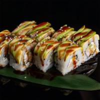 The Dragon Roll · Delicious roll made from lightly fried tempura shrimp, imitation crab, unagi, cucumber and f...