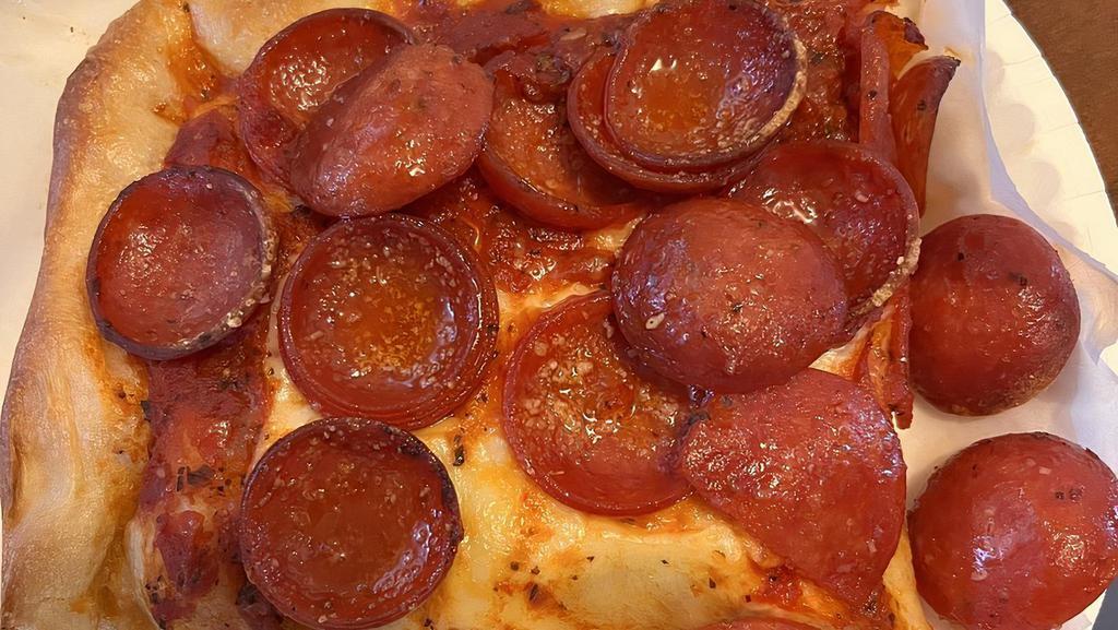 The Famous Pepperoni (Sicilian) · Fresh mozzarella, 1 lb of thick cut, cup and char pepperoni, signature fra diavolo sauce, grated parmesan, extra virgin olive oil.