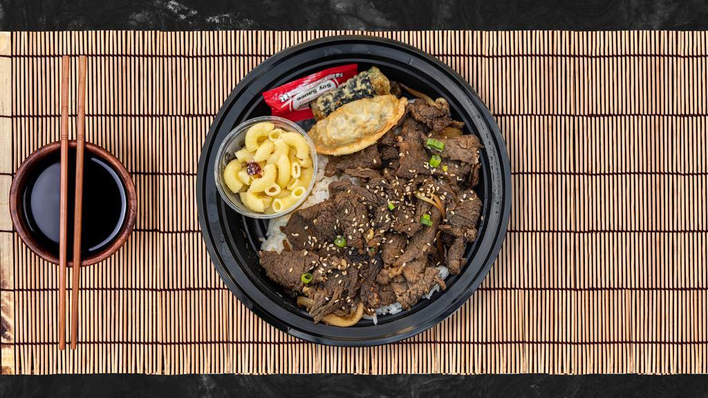 Bulgogi Stopper Bowl · Thin slices of fresh beef marinated daily in house, grilled to perfection, piled high on fresh white rice. Served with a house made pork dumpling, crispy fried seaweed spring roll, and macaroni.