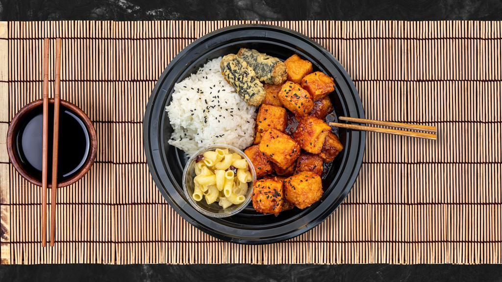 Team Tofu Bowl  · Crispy deep-fried tofu with your choice of teriyaki sauce or spicy sauce piled high on white rice. Served with two crispy fried seaweed spring rolls, and macaroni.