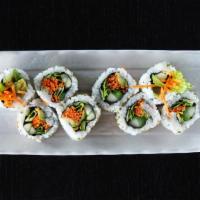 Veggie Roll  (Whole Roll) · Cucumber, avocado, asparagus, lettuce, and carrots
with parsley flakes on the outside (8pcs)