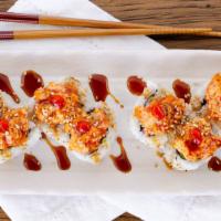 Volcano Roll (8) · California roll base with seared spicy salmon on top torch and teriyaki sauce, sriracha,gree...