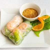Fresh Rolls (2) · Two pieces. Shrimp, pork baloney, lettuce, vermicelli noodles, and bean sprout wrapped in ri...