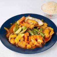 Supreme Seafood · Scallops, mussels, shrimp and squid in this delightful spicy seafood combo!