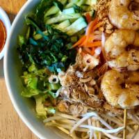 Grilled Prawns Vermicelli Bowl · Vermicelli noodle bowl with grilled prawns, lettuce, bean sprout, Thai basil, picked carrot,...