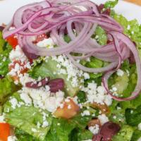 Greek Salad · Tomato, kalamata olive, feta, red onion, dill, celery, romaine, and anchovy red wine vinaigr...