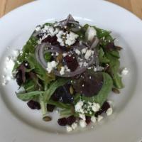 House Salad · · Feta dried cranberries pumpkin seeds red onion organic greens and balsamic vinaigrette.