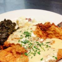 Chicken Fried Chicken · Spiced buttermilk brined Cascade Natural breast, country gravy, smashed potatoes, and braise...