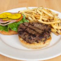 Grilled Grass-Fed Burger · Painted Hills grass-fed ground beef, pickles, mayonnaise, lettuce, tomato, red onion, potato...