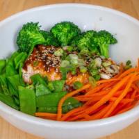 Grilled Wild Salmon · Broccoli, snow peas, carrots, sesame seeds, green onions, and chili-soy sauce. *Consuming ra...