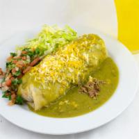 Smothered Burrito · Smothered with Chile Verde(Green Salsa), topped with Cheese, filled with Chile Verde Diced P...
