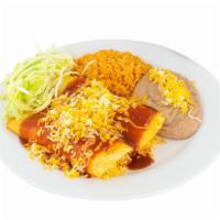 Two Cheese Enchiladas · Two Cheese Enchiladas, topped with Red Sauce, Cheese, Lettuce, side of Rice & Beans.