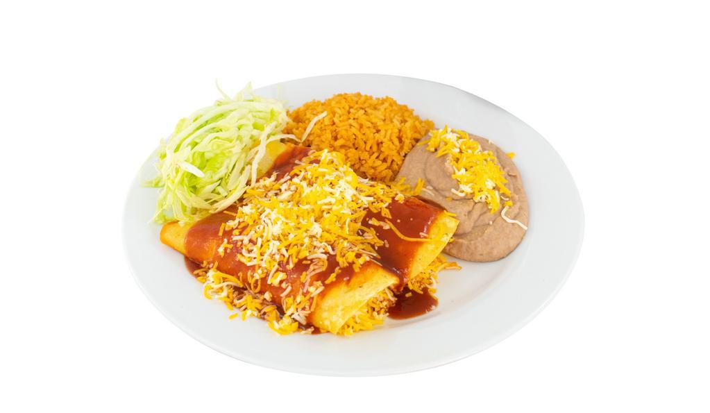 Two Cheese Enchiladas Plate · Served with rice and beans.