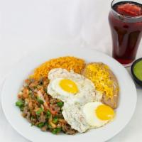 Steak Ranchero · Diced Steak mixed with Pico de Gallo, side of Rice & Beans, topped with 2 Sunny Side Up Eggs...