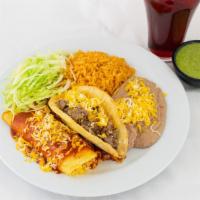 Shredded Beef Taco & Enchilada · Shredded Beef Hard Shell Taco, Cheese, Lettuce, Plus a Cheese Enchilada, topped with Red Sau...