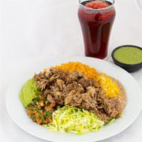 Carnitas Plate · Shredded Pork, Guac, Lettuce, Pico de Gallo, side of Rice & Beans with Tortillas.