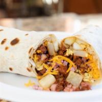 Crazy  Breakfast Burrito · Ham, Chorizo, Potatoes, Egg, Cheese