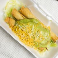 Three Rolled Tacos (Cheese&Guac) · Cheese and guacamole.