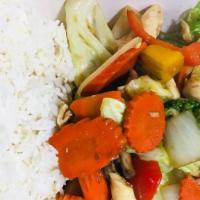 Mixed Veggie Stir Fried · Stir fried mixed vegetables served with rice.