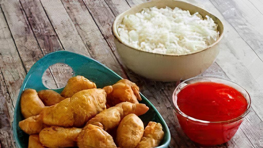 Sweet & Sour Chicken(Q) · Most popular dish. Fried white meat chicken with red sauce.