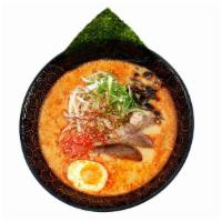 Spicy Miso Tonkotsu Ramen · rich pork broth, thin noodle, chashu chicken, bean sprouts, scallions, black mushroom, ajits...
