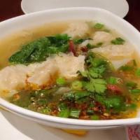 Wonton Soup Without Noodle · Fresh wontons stuffed with shrimp & ground chicken, egg noodles & yu choy. Topped with green...