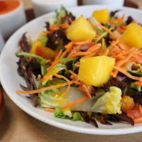 Mango Salad · Organic Arcadian spring mix, carrots, and fresh mangoes. Dressed with our house mango vinaig...