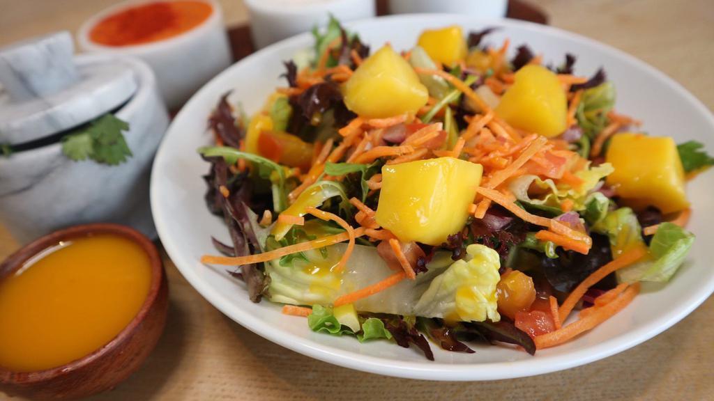 Mango Salad · Organic Arcadian spring mix, carrots, and fresh mangoes. Dressed with our house mango vinaigrette.