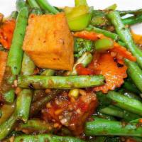 Thai Basil Green Bean · Green bean and bell pepper stir-fried with homemade chili past and lime leaves.