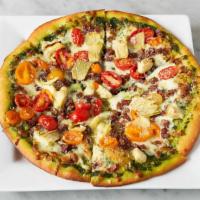 Pesto Pizza · Roasted cherry tomatoes, crispy pancetta, artichoke hearts and Mozzarella cheese with a crea...