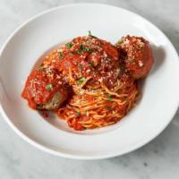 Spaghetti & Meatballs · Spaghetti pasta tossed with our pomodoro sauce and topped with half pound of our house made ...
