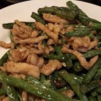 String Beans Chicken · Tender chicken with crisp string beans stir-fried in a mild soy-based sauce.