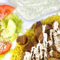 Beef & Lamb Gyro Plate · Beef and lamb gyro grilled with tomatoes, green pepper and onion over basmati rice. Served w...
