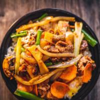 Spicy Mongolian Signature Bowl · Your choice of protein wok cooked with yellow onion, green onion, bamboo shoots, mushroom, c...
