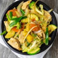 Honey Garlic Bowl · Your choice of protein wok cooked with broccoli, napa cabbage, carrots, yellow onion, green ...