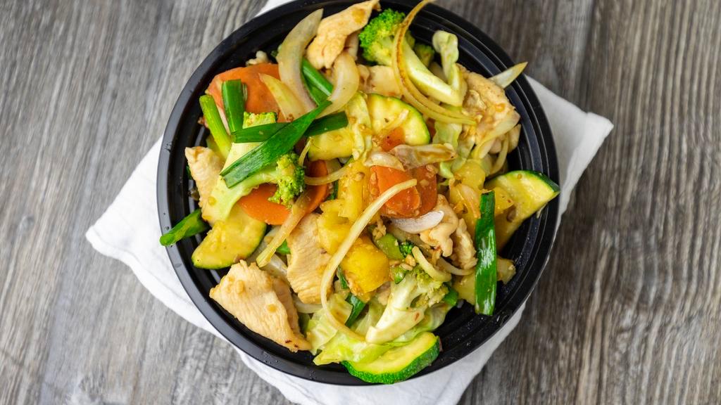 Honey Garlic Bowl · Your choice of protein wok cooked with broccoli, napa cabbage, carrots, yellow onion, green onion, pineapple, bell pepper, and zucchini in a special honey garlic sauce. Served with choice of base and protein.