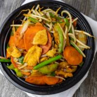 Sriracha Wok Fire Bowl · Your choice of protein wok cooked with broccoli, napa cabbage, snow peas, zucchini, water ch...
