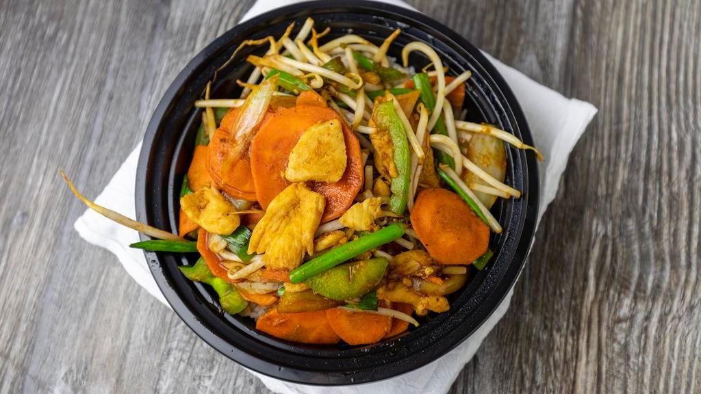 Sriracha Wok Fire Bowl · Your choice of protein wok cooked with broccoli, napa cabbage, snow peas, zucchini, water chestnuts, bamboo shoots, carrots, bean sprouts. Served with choice of base and protein.
