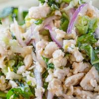 Larb Salad · Gluten free. Minced, chicken or pork with chili lime sauce, onion, mint, greet onion cilantr...