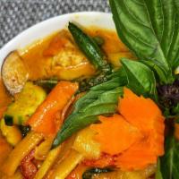 Red Curry Dinner · Bamboo, bell pepper, basil, carrot, zucchini and eggplant. Includes rice.