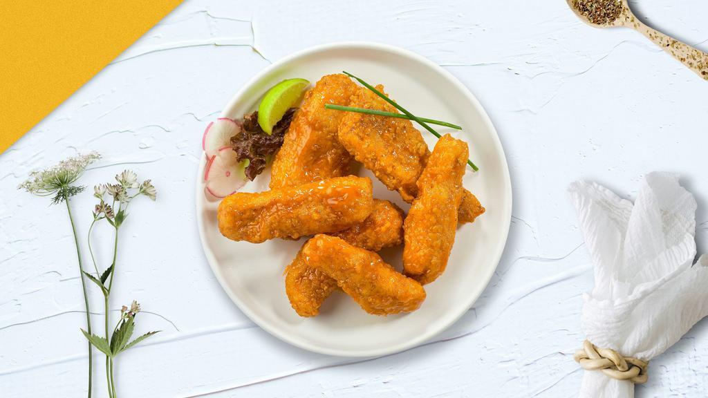 Ride The Buffalo Tenders · Chicken tenders cooked crispy and tossed with buffalo sauce. Served with choice of ranch or bleu cheese.