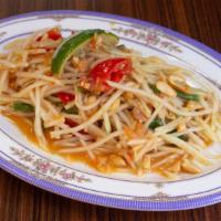 Papaya Salad · CONTAINS SHELLFISH AND PEANUTS. IT IS VERY SPICY. WE CANNOT MAKE IT LESS SPICY OR WITHOUT SH...