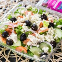 Greek Salad · Fresh lettuce, red onions, green peppers, cucumbers, tomatoes, kalamata olives, olive oil an...