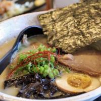 Tonkotsu Ramen · Pork base soup, pork chashu, thin noodle, soft boiled egg, green onion.