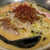 Sojo Champon · Pork base soup, pork chashu, shrimp*, fish cake, green onion, corn, carrot, cabbage, wood ea...