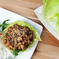 Chicken Lettuce Wrap · grounded chicken wok-seared with water chestnut, black mushroom served with iceberg lettuce ...