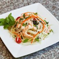 Papaya Salad · Shredded young green papaya, grape tomato and shrimp tossed in spicy house fish sauce topped...